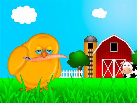 simsearch:400-04847950,k - Chick Eating Worm on Farm with Red Barn and Silo with Cow Illustration Photographie de stock - Aubaine LD & Abonnement, Code: 400-06073542