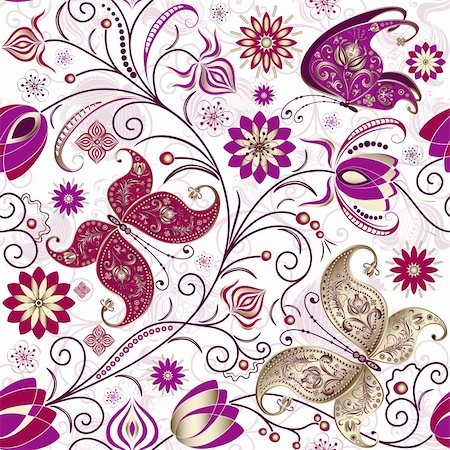 simsearch:400-05890035,k - Vintage seamless pattern with butterflies, flowers and berries (vector) Foto de stock - Super Valor sin royalties y Suscripción, Código: 400-06073637