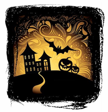 simsearch:400-04409562,k - Halloween background with pumpkin, night bat, tree and house Fotografie stock - Microstock e Abbonamento, Codice: 400-06084190