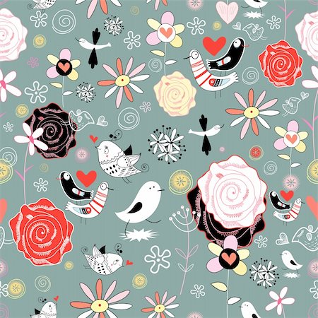 simsearch:400-06100097,k - Seamless bright floral pattern with birds on a blue background Stock Photo - Budget Royalty-Free & Subscription, Code: 400-06084843