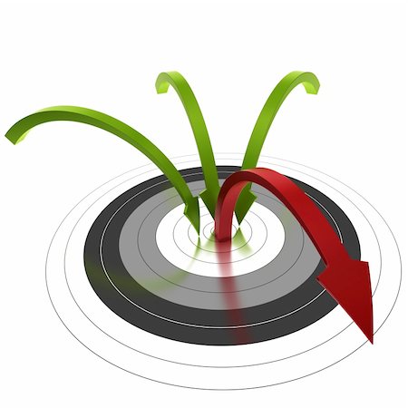 simsearch:400-09066724,k - three green arrow reaching the center of a target and one bouncing out of the center, symbol of bounce rate Stock Photo - Budget Royalty-Free & Subscription, Code: 400-06085079
