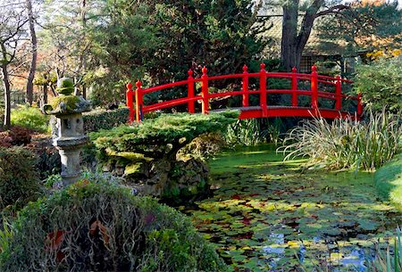 simsearch:400-08348471,k - Red wooden bridge in the Kildandre Japanese Gardens Stockbilder - Microstock & Abonnement, Bildnummer: 400-06085100