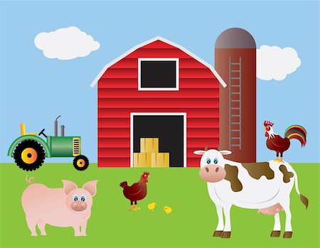 farm silo barn - Farm with Red Barn Tractor Pig Cow Chicken Farm Animals Illustration Stock Photo - Budget Royalty-Free & Subscription, Code: 400-06085409