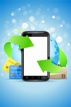 Empty Touch Phone with Earth Globe Bank Cards and Cardboard Box Stock Photo - Budget Royalty-Free & Subscription, Code: 400-06085772