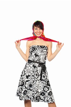 full photo in girls in studio - Woman presents motley dress and red shoal Stock Photo - Budget Royalty-Free & Subscription, Code: 400-06086229