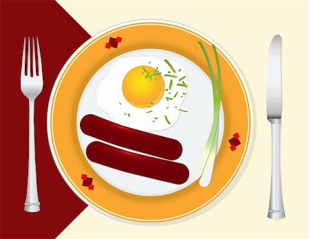 eating fork drawing - A light breakfast with scrambled eggs, sausage and green onions. Vector illustration. Stock Photo - Budget Royalty-Free & Subscription, Code: 400-06086275