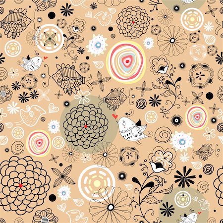simsearch:400-05755345,k - Seamless floral pattern with birds and fish on an orange background Stock Photo - Budget Royalty-Free & Subscription, Code: 400-06086899