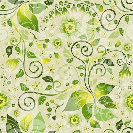 simsearch:400-05890035,k - Seamless floral green pattern with flowers and vintage curls (vector eps 10) Foto de stock - Super Valor sin royalties y Suscripción, Código: 400-06087380