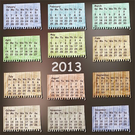 vector 2013 Calendar on vintage striped pieces of paper, months can be used separately as calendar or scrapbook design elements, gradient mesh, crumpled foil texture Stock Photo - Budget Royalty-Free & Subscription, Code: 400-06087421