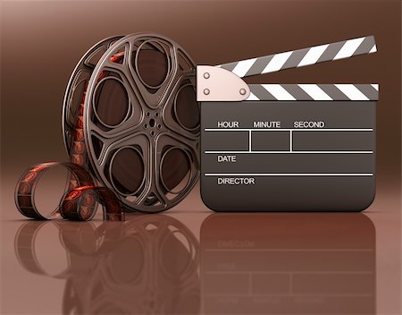 Roll of film with a clapboard beside. Your info on the black space of the clapboard or under the roll and clapboard on the reflection. Foto de stock - Royalty-Free Super Valor e Assinatura, Número: 400-06087583