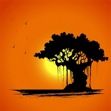 illustration of tree silhouette in sun set view Stock Photo - Budget Royalty-Free & Subscription, Code: 400-06087753