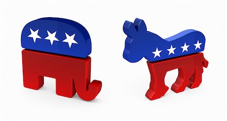 présidentiel - Democrat Donkey and Republican Elephant in 3D over white background Photographie de stock - Aubaine LD & Abonnement, Code: 400-06088102
