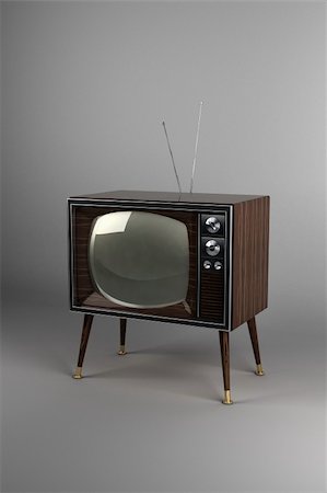 Classic vintage TV with wood veneer design in studio Foto de stock - Royalty-Free Super Valor e Assinatura, Número: 400-06088117