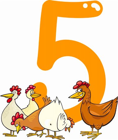 five animals - cartoon illustration with number five and hens Stock Photo - Budget Royalty-Free & Subscription, Code: 400-06088433