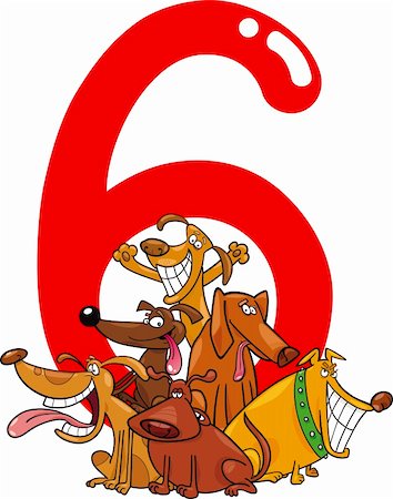 preliminary - cartoon illustration with number six and group of dogs Stock Photo - Budget Royalty-Free & Subscription, Code: 400-06088441