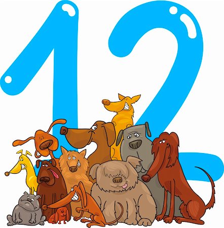 preliminary - cartoon illustration with number twelve and dogs Stock Photo - Budget Royalty-Free & Subscription, Code: 400-06088457