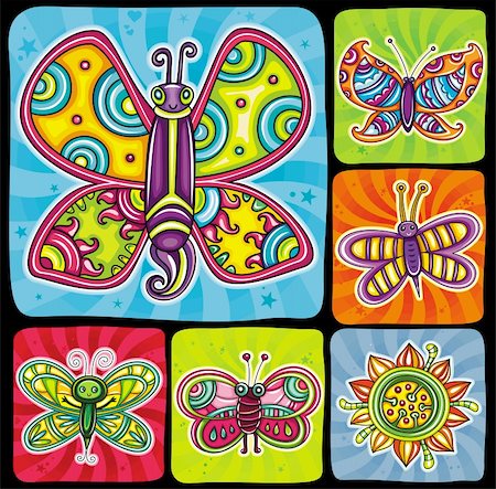 Beautiful, cartoon, colorful butterflies with open wings on bright swirly backgrounds, Icons set for you designs. Foto de stock - Super Valor sin royalties y Suscripción, Código: 400-06088584