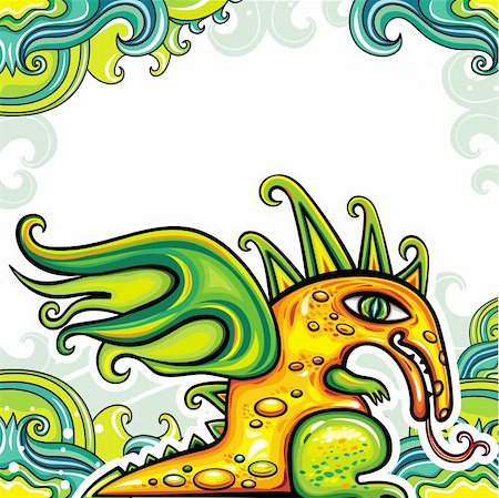 dinosaur cartoon background - Fairy dragon, floral pattern. Cute Magical, Fairy Dragon. Colorful floral pattern, natural background, decorative garden. White space for your text, can be used as greeting card Stock Photo - Budget Royalty-Free & Subscription, Code: 400-06088590