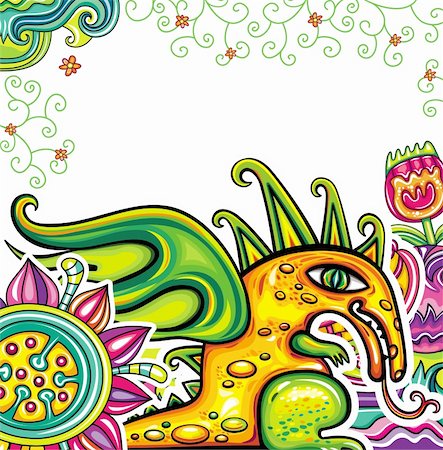 dinosaur cartoon background - Fairy dragon, floral pattern. Cute Magical, Fairy Dragon. Colorful floral pattern, natural background, decorative garden. White space for your text, can be used as greeting card Stock Photo - Budget Royalty-Free & Subscription, Code: 400-06088591