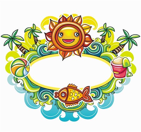 decorative borders for greeting cards - Beautiful summer mood frame featuring sea world, curly blue waves, bright sun, beach ball, goldfish, colorful beach basket. Stock Photo - Budget Royalty-Free & Subscription, Code: 400-06088600