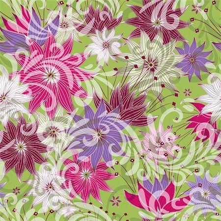 flower green color design wallpaper - Seamless floral green pattern with colorful vintage flowers and translucent curls (vector eps 10) Stock Photo - Budget Royalty-Free & Subscription, Code: 400-06088640
