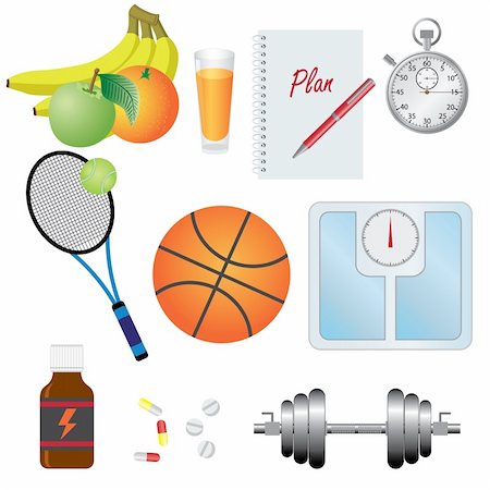 simsearch:400-07754604,k - Objects for fitness, natural food, tools, vitamins on the white background. Also available as a Vector in Adobe illustrator EPS 8 format, compressed in a zip file. Stock Photo - Budget Royalty-Free & Subscription, Code: 400-06088910