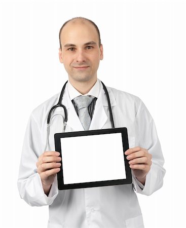 simsearch:400-04130714,k - Smiling doctor with tablet computer. Isolated over white background Photographie de stock - Aubaine LD & Abonnement, Code: 400-06089160