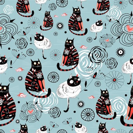 simsearch:400-05724880,k - seamless pattern of funny cats and flowers on a blue background Photographie de stock - Aubaine LD & Abonnement, Code: 400-06080033