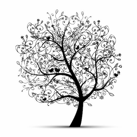 flowers on branch cartoon - Art tree beautiful, black silhouette for your design Stock Photo - Budget Royalty-Free & Subscription, Code: 400-06080211