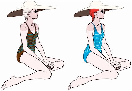 Young sexy women in swimsuit with a large hat, vector illustration Stock Photo - Budget Royalty-Free & Subscription, Code: 400-06080367