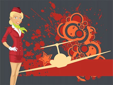 Vector illustration of a beautiful blonde stewardess on red costume on a background with bubble cloud, ink splash and aircraft silhouette Photographie de stock - Aubaine LD & Abonnement, Code: 400-06080750