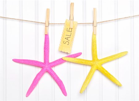 simsearch:400-05279016,k - Nautical Themed Sale Starfish with Sign on Clothesline on White. Photographie de stock - Aubaine LD & Abonnement, Code: 400-06081029