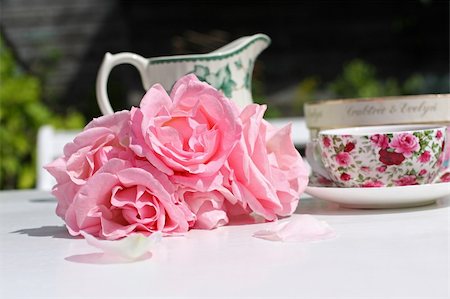 Pink roses and an elegant teacup in the morning  garden Stock Photo - Budget Royalty-Free & Subscription, Code: 400-06081275