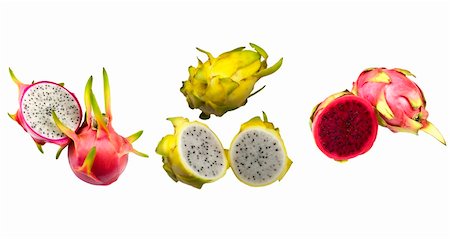 Three varieties of dragon fruit (pitaya): Red and yellow sky and white and red flesh Stockbilder - Microstock & Abonnement, Bildnummer: 400-06081311