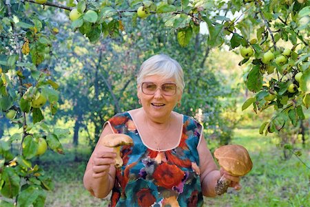 smelling old people - Woman with mushrooms in hands in apple garden Stock Photo - Budget Royalty-Free & Subscription, Code: 400-06081591