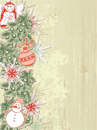 snowman snow angels - Vintage vector Christmas background with Christmas tree Stock Photo - Budget Royalty-Free & Subscription, Code: 400-06081913