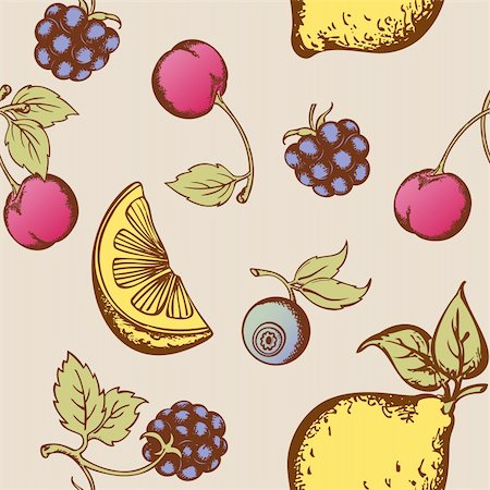 drawing lemon - Vintage vector seamless pattern with fruits and berries Stock Photo - Budget Royalty-Free & Subscription, Code: 400-06081978