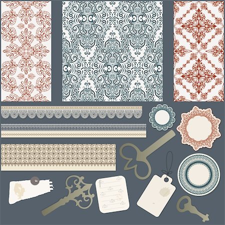 vector scrapbook design elements: three seamless patterns, ribbons, keys, sheets of paper, and napkins Stock Photo - Budget Royalty-Free & Subscription, Code: 400-06082747