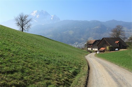 Photo of a road leading towards a farm in the Canton of Lucerne, Switzerland with the Pilatus mountain in the distance. Stock Photo - Budget Royalty-Free & Subscription, Code: 400-06082918