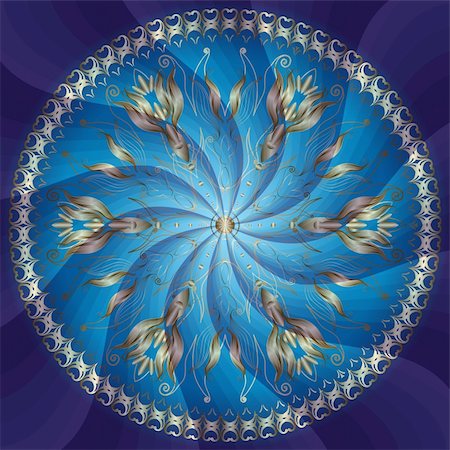 simsearch:400-06083486,k - Round floral frame with gold flowers on blue background with rays (vector EPS 10) Stockbilder - Microstock & Abonnement, Bildnummer: 400-06083485