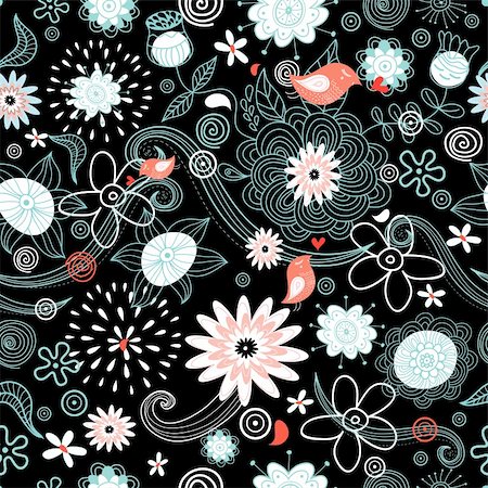simsearch:400-05755345,k - Seamless floral pattern with birds on a black background Stock Photo - Budget Royalty-Free & Subscription, Code: 400-06094670