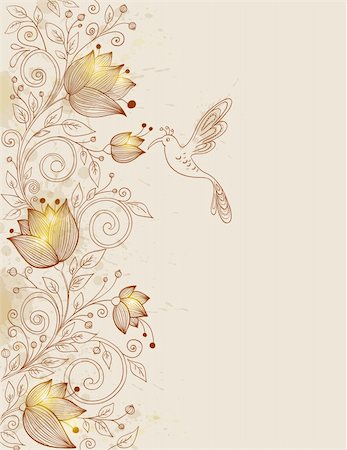 floral ornaments with flowers and birds - vector hand drawn retro floral background with bird Stock Photo - Budget Royalty-Free & Subscription, Code: 400-06095088