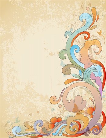 Retro vector background with waves, floral ornament and butterflies Stock Photo - Budget Royalty-Free & Subscription, Code: 400-06095108