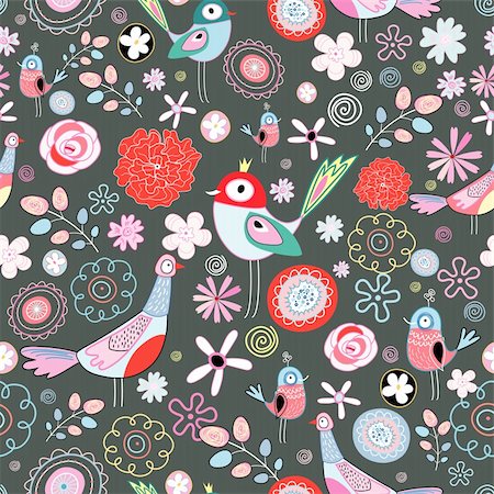 simsearch:400-05755345,k - Seamless floral pattern with birds on a dark green background Stock Photo - Budget Royalty-Free & Subscription, Code: 400-06095819