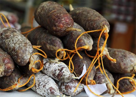 saucisson - Image of french sausages on a shelf in a butcher's shop. Stock Photo - Budget Royalty-Free & Subscription, Code: 400-06096134