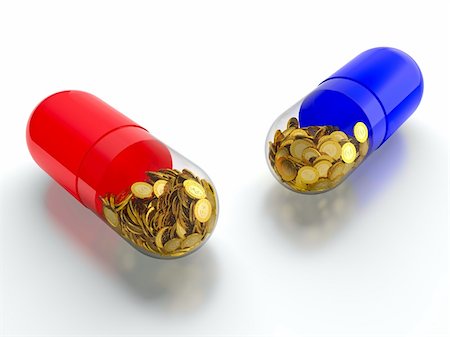 simsearch:400-04758612,k - Red and blue pills with golden coins on white background Stock Photo - Budget Royalty-Free & Subscription, Code: 400-06096132