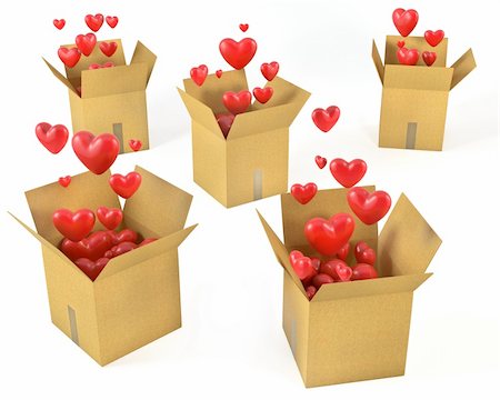 simsearch:400-04307995,k - A lot of carton boxes with red hearts flying out of them, isolated on white background Fotografie stock - Microstock e Abbonamento, Codice: 400-06096363