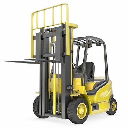 simsearch:400-04167254,k - Yellow fork lift truck with raised fork, front view,  isolated on white background Stock Photo - Budget Royalty-Free & Subscription, Code: 400-06096456
