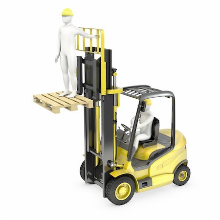 simsearch:400-06096469,k - Abstract white man in a fork lift truck, lifting other worker on a fork, isolated on white background Stock Photo - Budget Royalty-Free & Subscription, Code: 400-06096464