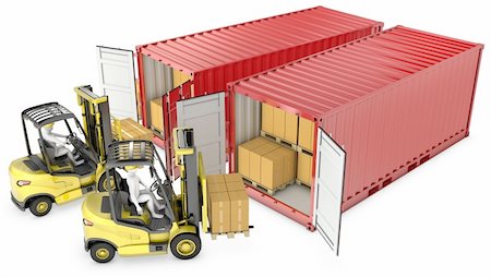 simsearch:400-06105355,k - Two yellow lift truck unloading containers, isolated on white background Foto de stock - Super Valor sin royalties y Suscripción, Código: 400-06096475